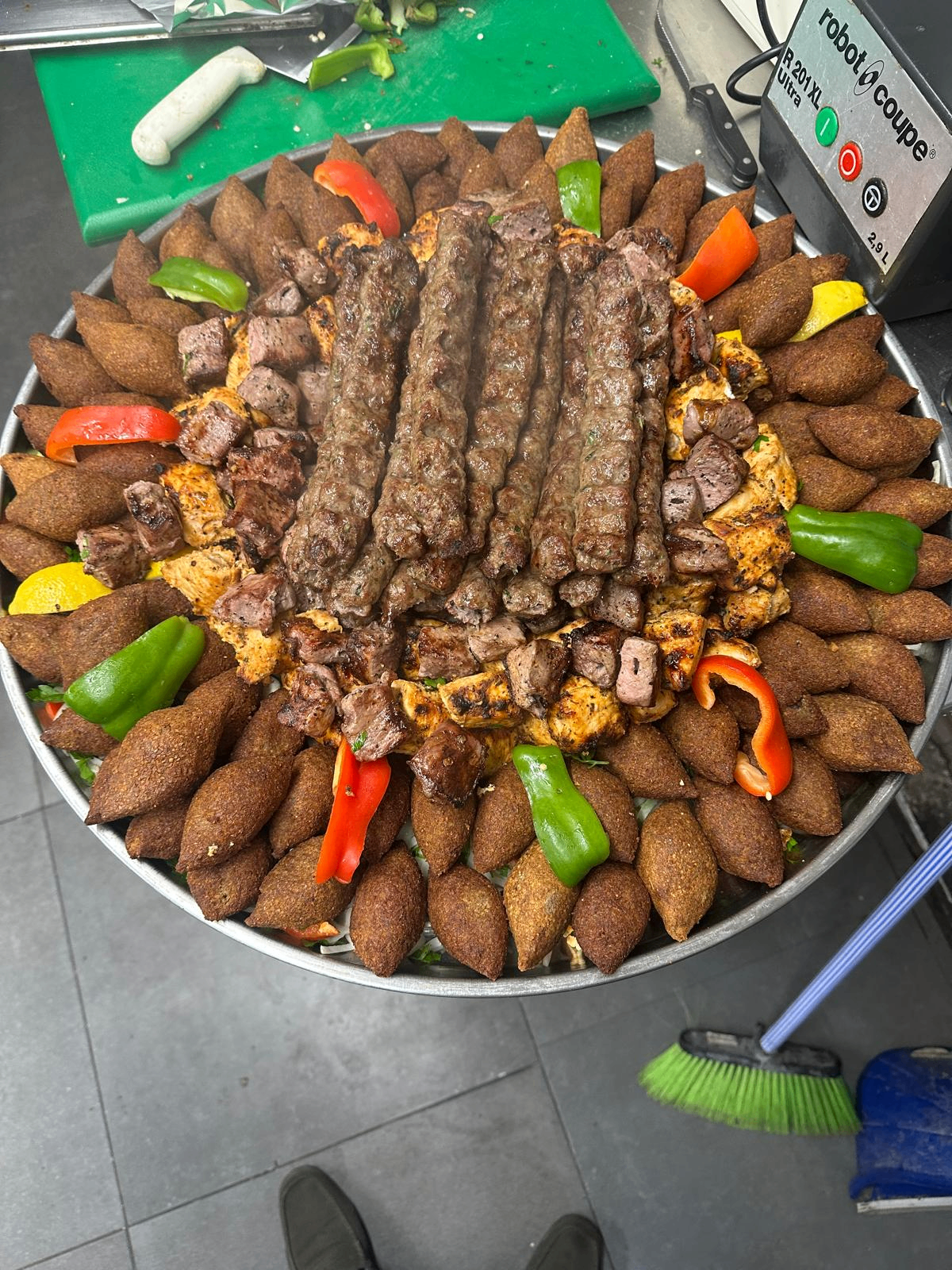 Mixed grill and kibbeh platter arranged on a tray